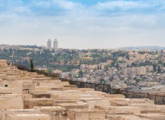Израиль закрывает расследование обстрела конвоя World Central Kitchen Scenic view of Jerusalem, Israel, featuring a historic cemetery and urban landscape under a blue sky.