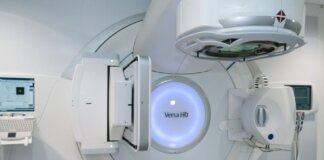 State-of-the-art radiation therapy machine used for cancer treatment in a medical facility.
