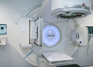 State-of-the-art radiation therapy machine used for cancer treatment in a medical facility.