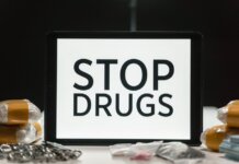 Tablet screen displaying anti-drug message surrounded by packaged substances, promoting awareness.