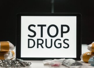 Канадская пограничная служба изъяла 86 кг наркотиков в ходе операции Tablet screen displaying anti-drug message surrounded by packaged substances, promoting awareness.