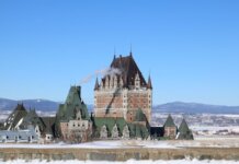 The iconic Château Frontenac covered in snow in Québec City, Canada.