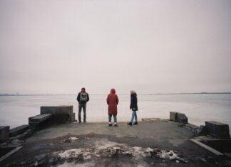 Three individuals are standing on a pier overlooking a frozen lake on a cloudy winter day.
