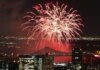 Vibrant fireworks exploding over city skyline at night, showcasing a festive celebration.