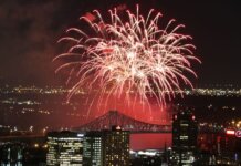 Vibrant fireworks exploding over city skyline at night, showcasing a festive celebration.