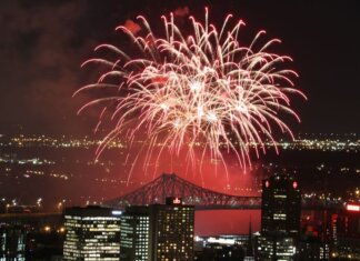 Vibrant fireworks exploding over city skyline at night, showcasing a festive celebration.