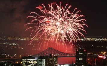 Vibrant fireworks exploding over city skyline at night, showcasing a festive celebration.