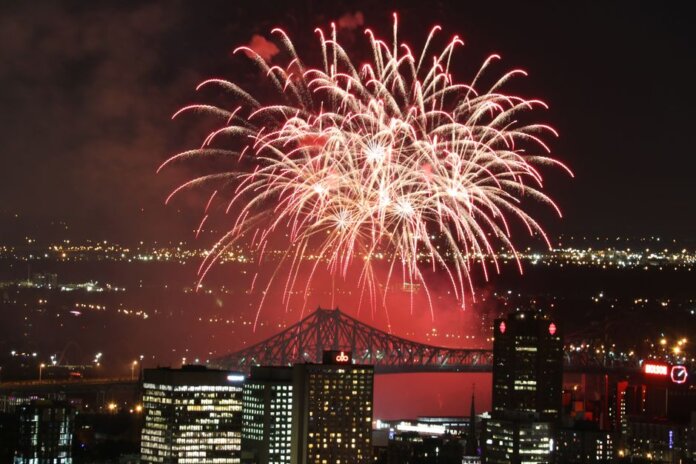 Vibrant fireworks exploding over city skyline at night, showcasing a festive celebration. Vibrant fireworks exploding over city skyline at night, showcasing a festive celebration.