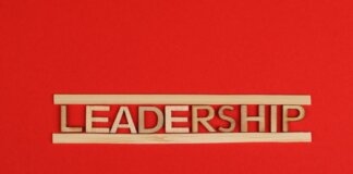 Wooden letters spelling leadership on a vibrant red background, conveying bold concepts.