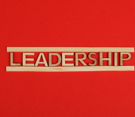 Wooden letters spelling leadership on a vibrant red background, conveying bold concepts.