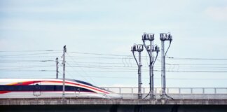 A high-speed train moves swiftly on an elevated railway under a clear sky.