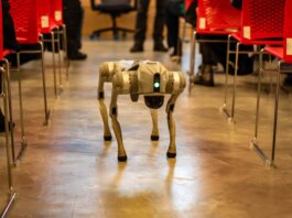 A robotic dog navigates an indoor setting amidst red chairs, showcasing technology in modern environments.