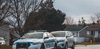 A suburban street with a police car and parked vehicles. Captured in daylight.