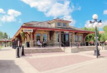 A sunny day at the historic Calgary Railway Cafe, showcasing classic architecture.