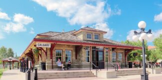 A sunny day at the historic Calgary Railway Cafe, showcasing classic architecture.