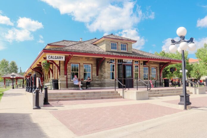 A sunny day at the historic Calgary Railway Cafe, showcasing classic architecture. A sunny day at the historic Calgary Railway Cafe, showcasing classic architecture.