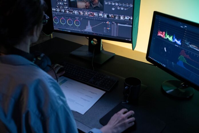 A video editor using dual monitors for editing footage in a dimly lit studio. A video editor using dual monitors for editing footage in a dimly lit studio.