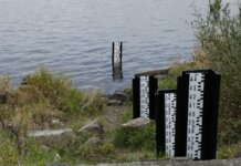 Уровень воды в Ред-Ривер упал ниже летней нормы из-за засухи A water level measurement post standing in a lake, surrounded by rocks and vegetation.