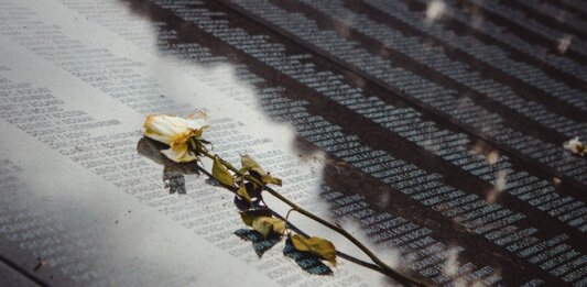 Пьер Пуальевр — к годовщине вступления Канады во Вторую мировую войну A white rose placed on a reflective memorial wall listing names, conveying remembrance.