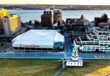 Aerial shot of downtown Halifax featuring the Scotiabank Centre and waterfront.