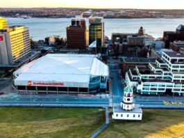 Aerial shot of downtown Halifax featuring the Scotiabank Centre and waterfront.