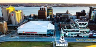 Aerial shot of downtown Halifax featuring the Scotiabank Centre and waterfront.