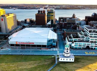 Aerial shot of downtown Halifax featuring the Scotiabank Centre and waterfront.