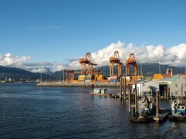 Bright day at a container port with orange cranes and mountain backdrop.