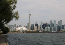 Capture of Toronto's iconic skyline featuring the CN Tower and waterfront on a calm day.