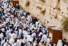 Crowds of people in prayer at the Western Wall, Jerusalem, during a religious event.