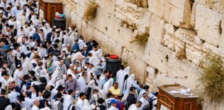 Crowds of people in prayer at the Western Wall, Jerusalem, during a religious event.