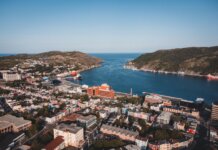 Elevated view of St. John's vibrant cityscape and picturesque harbor.