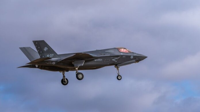 F-35 fighter jet in flight over Albacete, Spain. Military aviation at its finest. F-35 fighter jet in flight over Albacete, Spain. Military aviation at its finest.