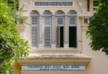 Facade of Saigon University in Ho Chi Minh with traditional architectural features.