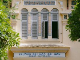 Facade of Saigon University in Ho Chi Minh with traditional architectural features.