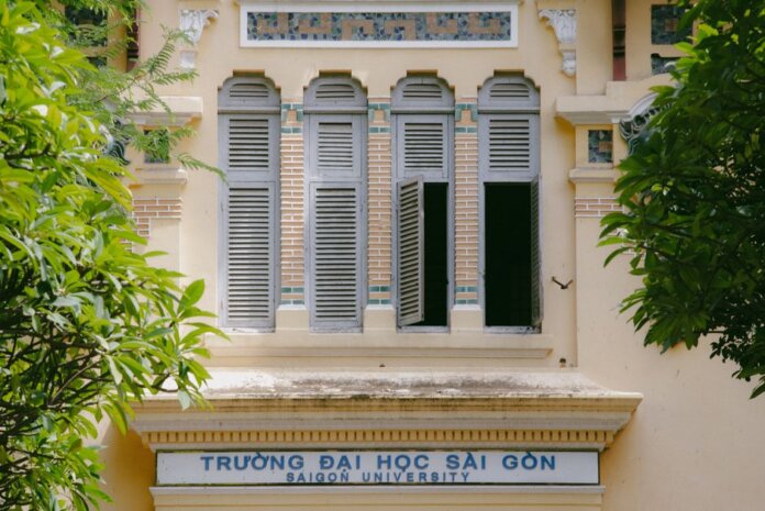 Facade of Saigon University in Ho Chi Minh with traditional architectural features.