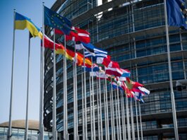 Flags of European Union countries outside a modern building facade.
