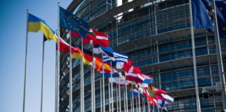 Flags of European Union countries outside a modern building facade.
