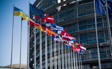 Flags of European Union countries outside a modern building facade.