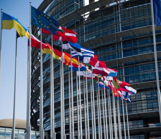Flags of European Union countries outside a modern building facade.