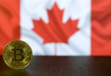 Канада открыла онлайн-продление паспорта для всех взрослых заявителей Golden Bitcoin coin displayed in front of a blurred Canadian flag symbolizing cryptocurrency in Canada.