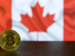Golden Bitcoin coin displayed in front of a blurred Canadian flag symbolizing cryptocurrency in Canada.