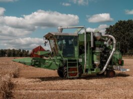 Green combine harvester operating in a wheat field in Hohenhorn, Germany under a clear blue sky.