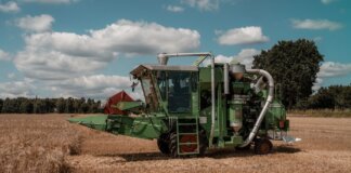 Green combine harvester operating in a wheat field in Hohenhorn, Germany under a clear blue sky.