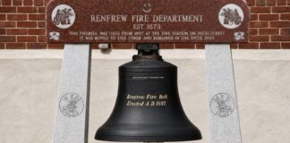 Historic fire bell from Renfrew Fire Department established in 1873.