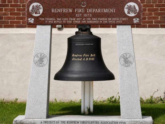 Historic fire bell from Renfrew Fire Department established in 1873. Historic fire bell from Renfrew Fire Department established in 1873.
