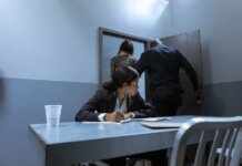 Police officer escorting suspect as lawyer observes during interrogation.