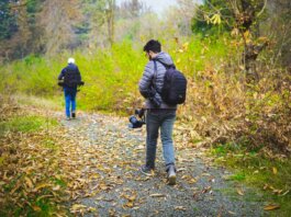 Two photographers walking down a leaf-covered forest path capturing nature's beauty.
