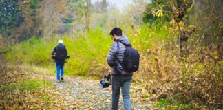 Two photographers walking down a leaf-covered forest path capturing nature's beauty.