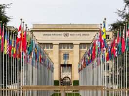 View of the United Nations Office in Geneva adorned with flags of various countries.